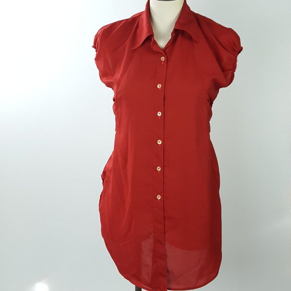 Bow Tie High Low Assymmetrical Blouse Red - Picture 2 of 10